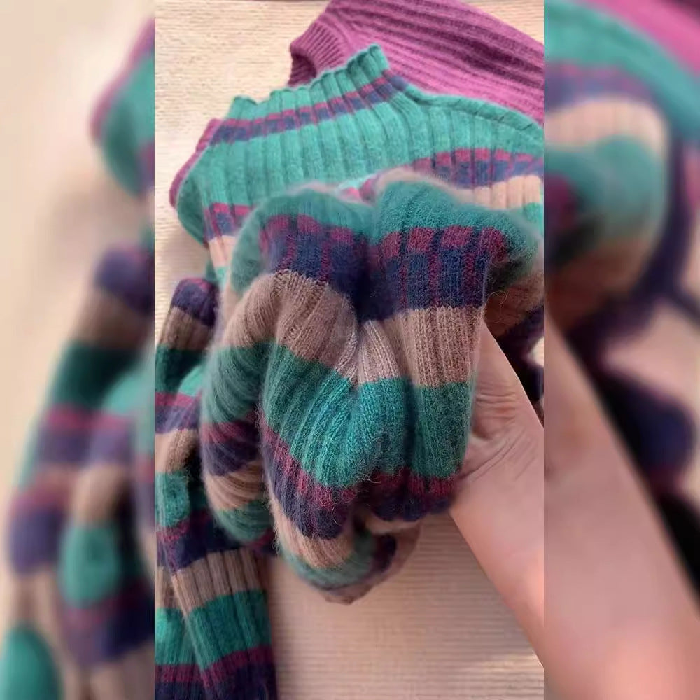 Women's ribbed knit sweater with high collar and fashionable striped pattern NOVAE