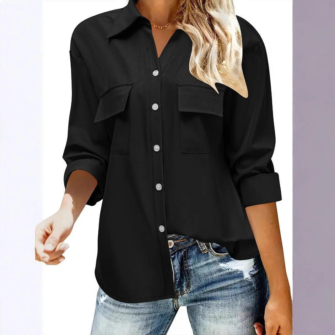 Women's casual long-sleeved blouse with practical chest pockets and button closure NOVAE