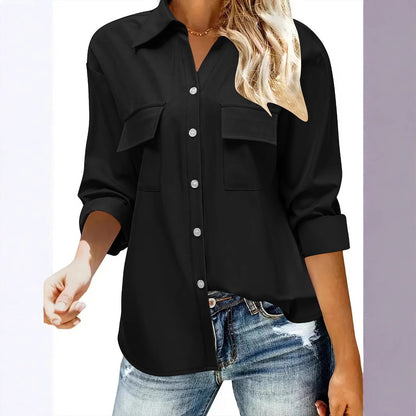 Women's casual long-sleeved blouse with practical chest pockets and button closure NOVAE
