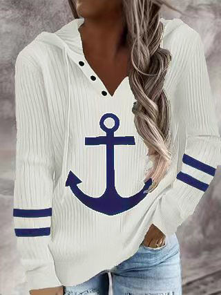 Women's hooded sweatshirt with a nautical anchor design and fine ribbed texture NOVAE