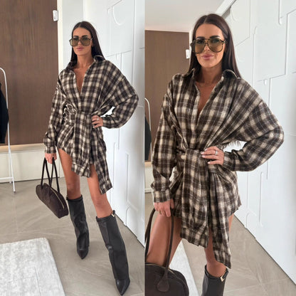 Women's shirt dress in a casual plaid design with adjustable waist belt NOVAE