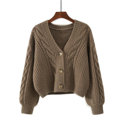 Women's cardigan with unusual cable pattern and deep V-neck NOVAE
