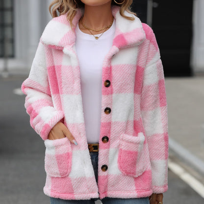 Women's plush jacket with trendy check pattern and practical pockets NOVAE
