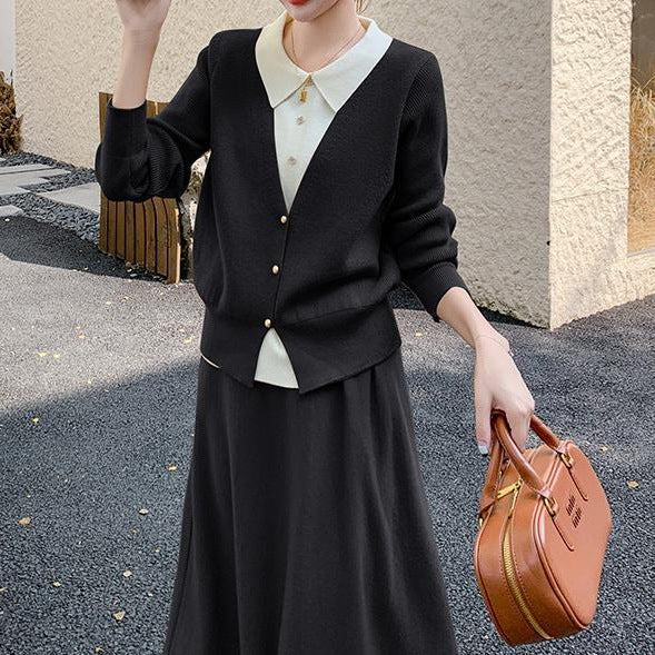 Women's knit ensemble with elegant blouse look and wide skirt NOVAE