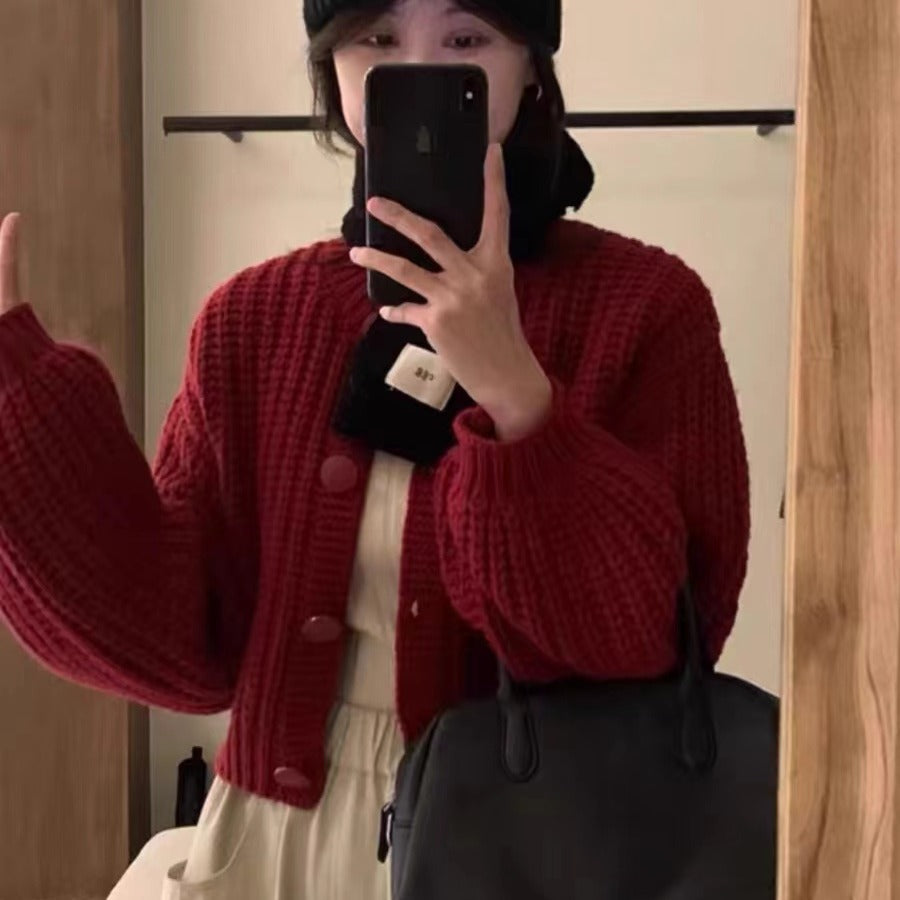 Women's chunky knit cardigan with voluminous sleeves and large buttons NOVAE