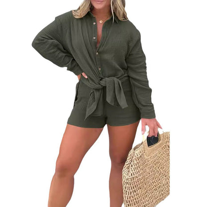 Women's casual crepe blouse and shorts set with adjustable belt NOVAE