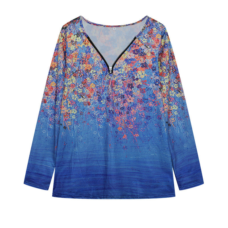 Women's long-sleeved shirt with colorful floral pattern and modern zipper NOVAE