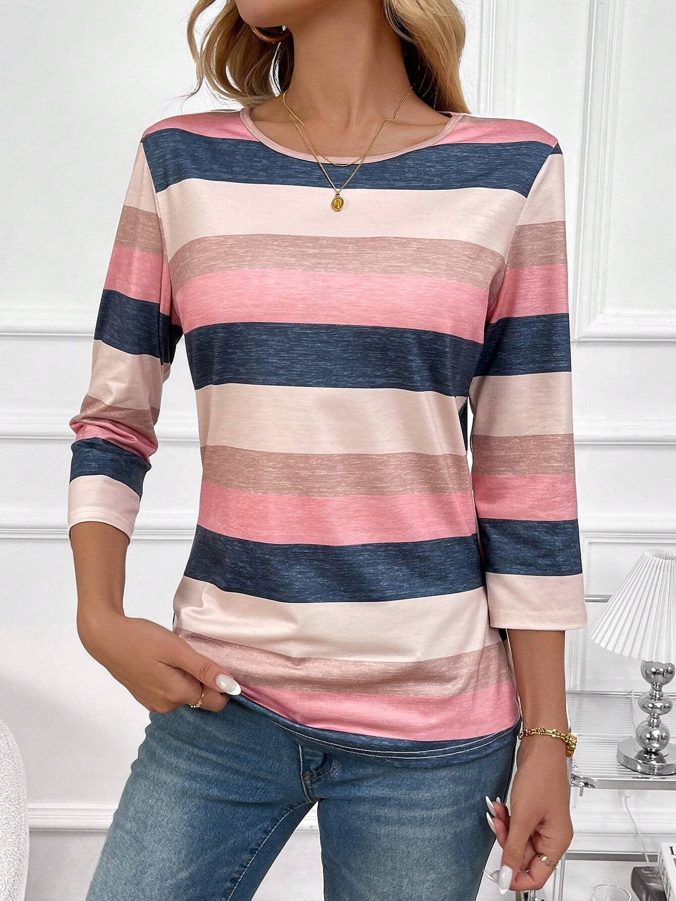 Women's striped top with 3/4 sleeves and wide round neck NOVAE