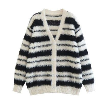 Women's cozy knit cardigan with a modern striped pattern and soft material NOVAE