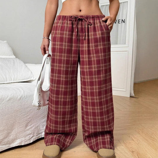 Women's wide-leg checked leisure trousers with elasticated waistband and drawstring NOVAE