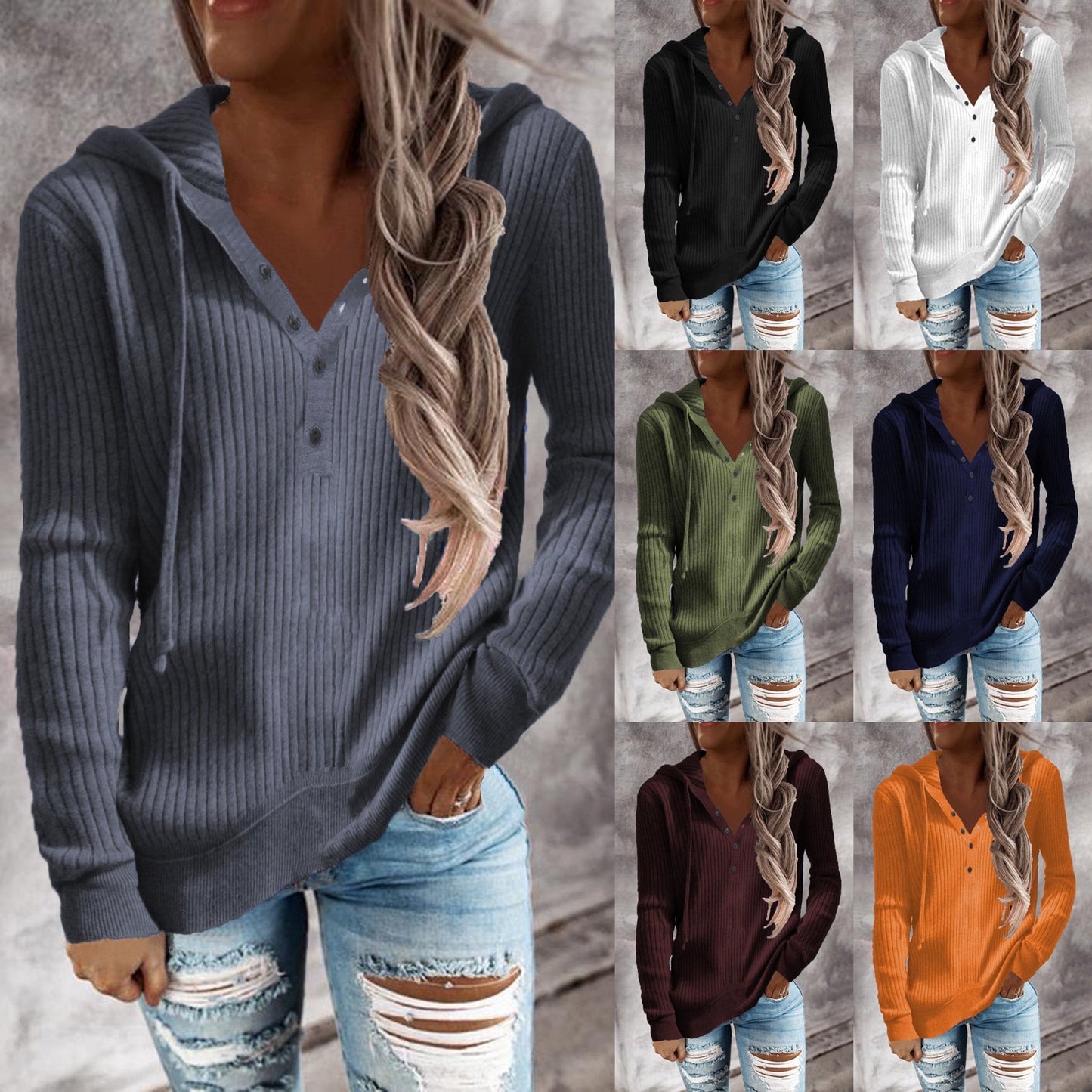 Women's casual hoodie with structured rib pattern and button placket NOVAE