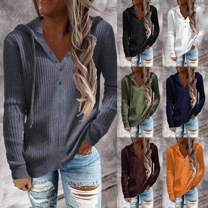 Women's casual hoodie with structured rib pattern and button placket NOVAE