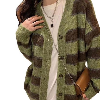 Women's chunky knit cardigan with fashionable striped pattern and casual cut NOVAE