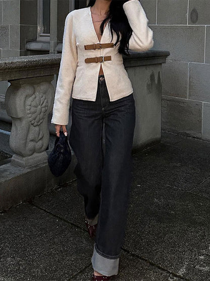 Women's elegant teddy jacket with decorative buckles NOVAE