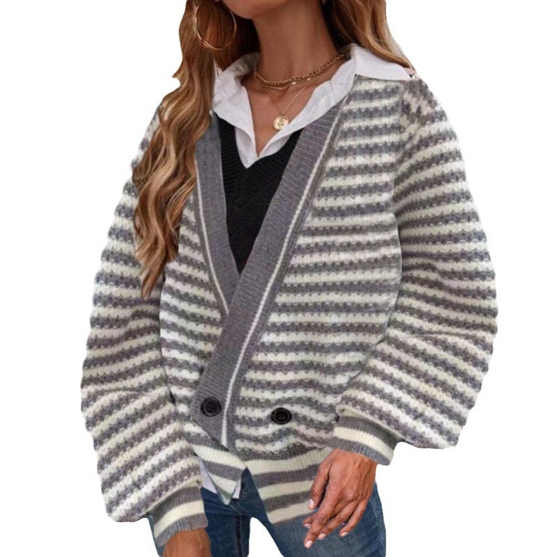 Women's chunky knit cardigan with V-neck and modern stripes NOVAE