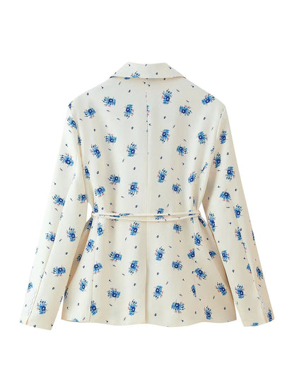 Women's tailored blazer with floral pattern and tie belt NOVAE