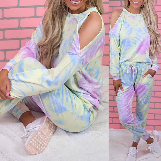 Women's casual loungewear set with a relaxed cut-out design and colorful tie-dye pattern NOVAE