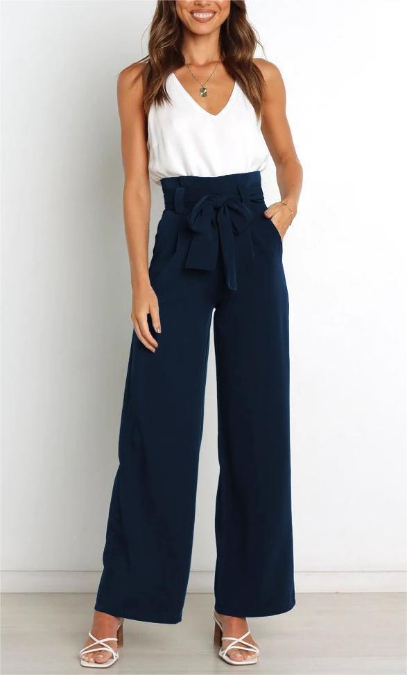 Women's wide-leg trousers with tie belt and elegant pockets NOVAE