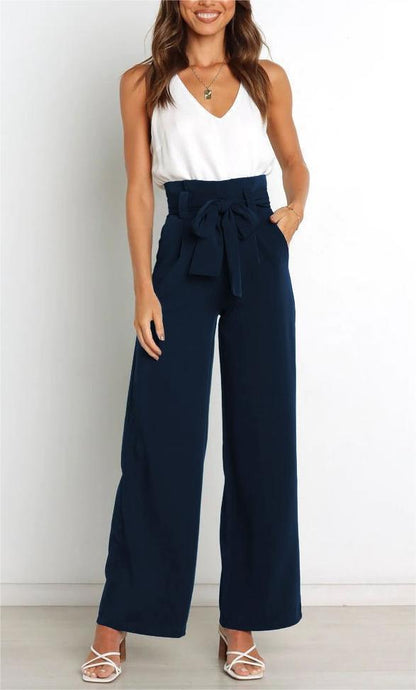 Women's wide-leg trousers with tie belt and elegant pockets NOVAE