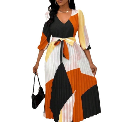 Women's pleated midi dress with V-neck and colorful pattern NOVAE