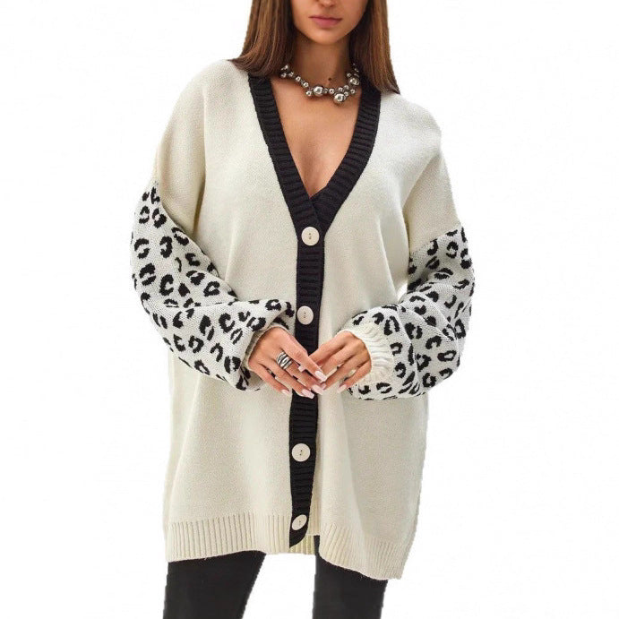 Women's chunky knit cardigan with leopard print and button detailing NOVAE