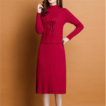 Women's elegant knit dress with high neckline and decorative cable design NOVAE