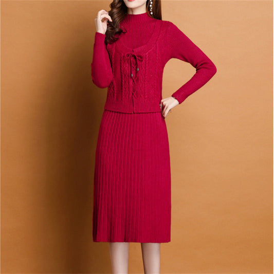 Women's elegant knit dress with high neckline and decorative cable design NOVAE