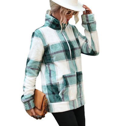 Women's fleece jacket with modern check pattern and high collar NOVAE