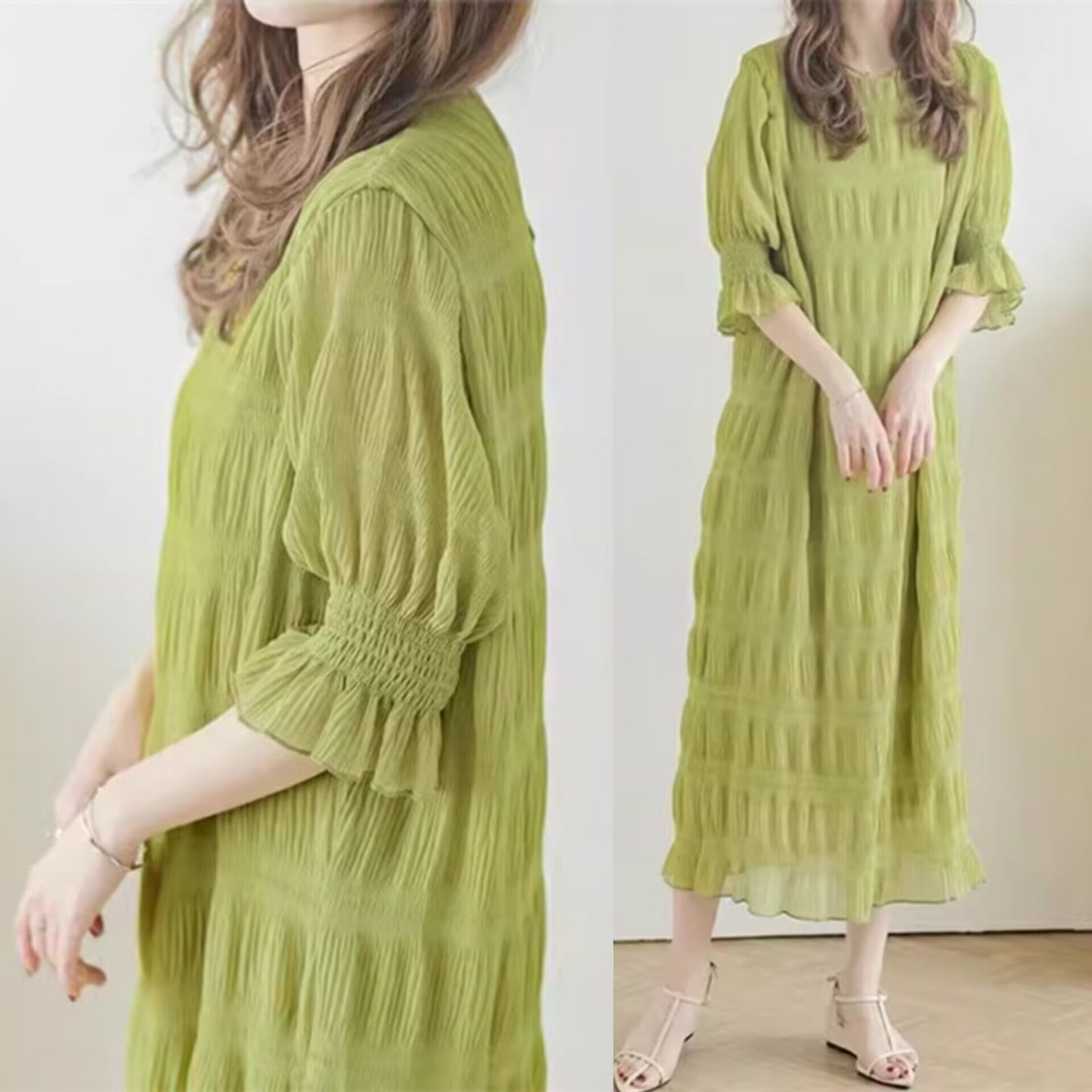 Women's casual maxi dress with elasticated puff sleeves and sophisticated textured design NOVAE