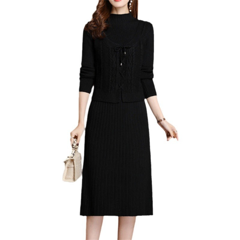 Women's elegant knit dress with high neckline and decorative cable design NOVAE