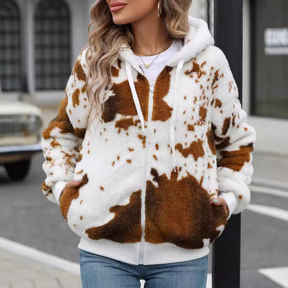 Women's plush jacket with animal print and practical pockets NOVAE