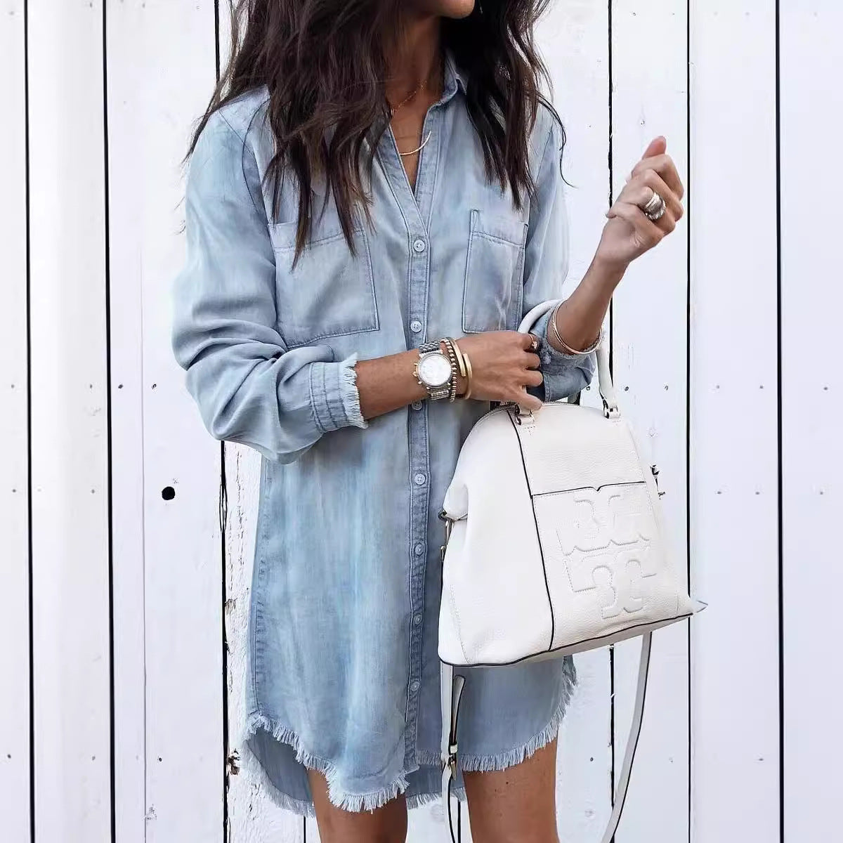 Women's casual denim shirt dress with trendy fringe detail NOVAE