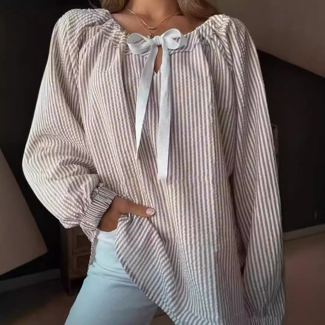 Women's blouse with elasticated neckline and bow tie NOVAE