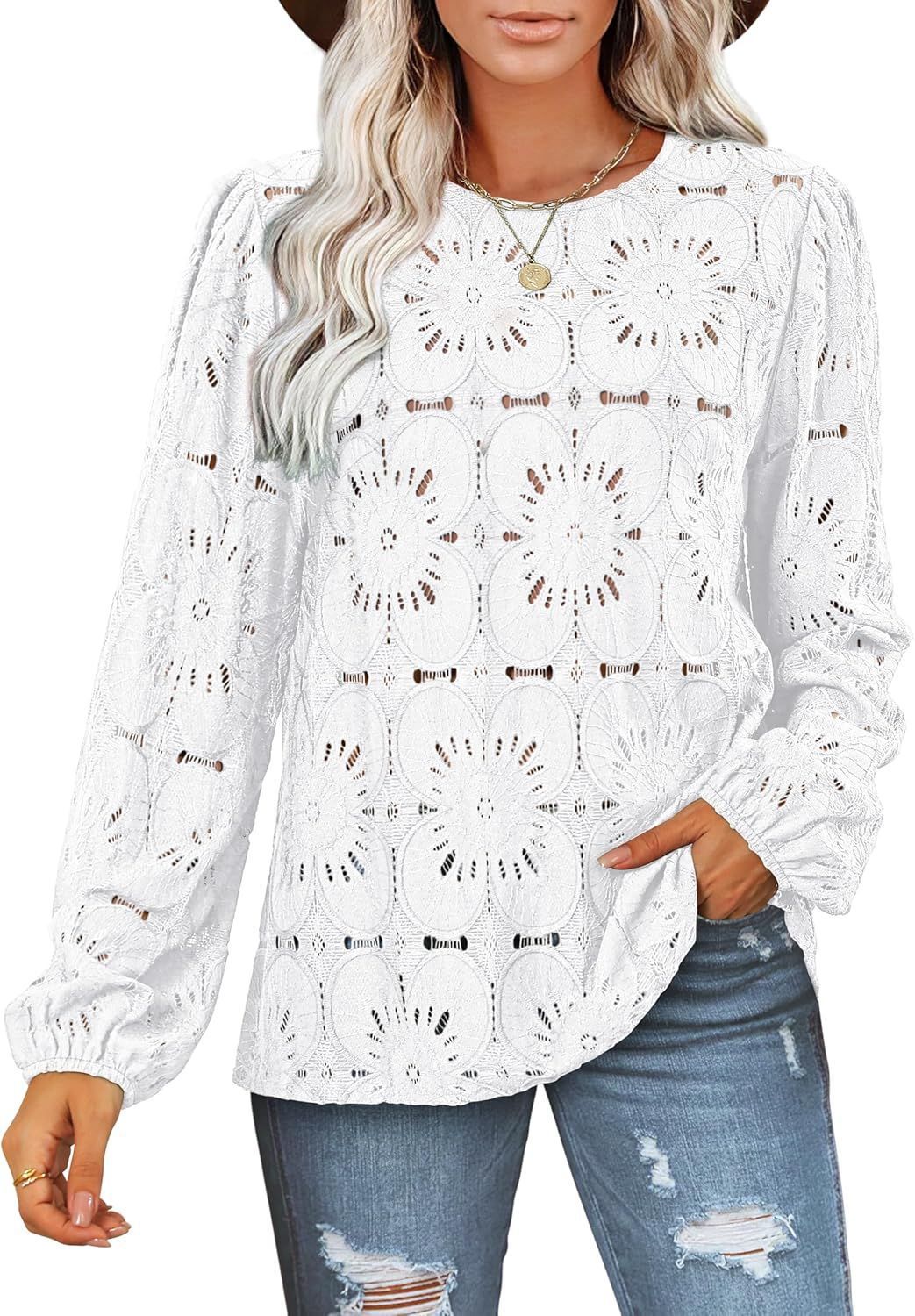 Women's stylish blouse shirt with floral openwork pattern and wide sleeves NOVAE
