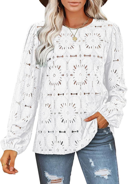 Women's stylish blouse shirt with floral openwork pattern and wide sleeves NOVAE
