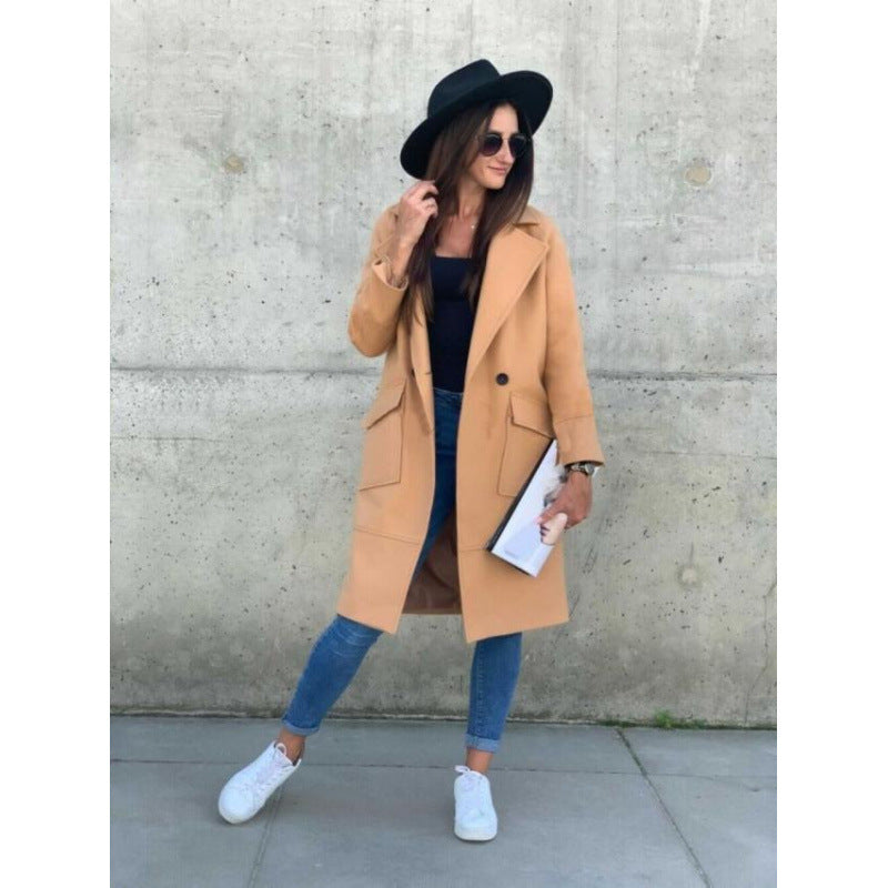 Women's fashionable long blazer with deep lapels and practical pockets NOVAE