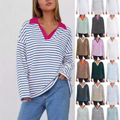 Women's striped polo shirt with V-neck and contrasting collar NOVAE