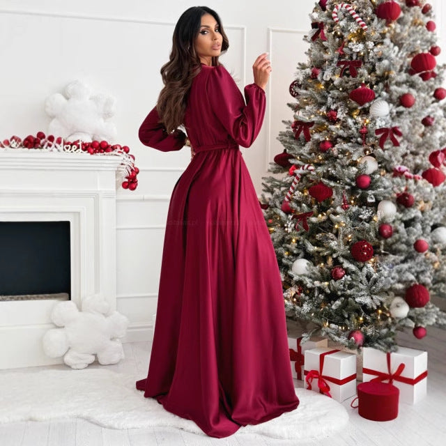 Women's elegant maxi dress with a slim silhouette and fitted belt NOVAE