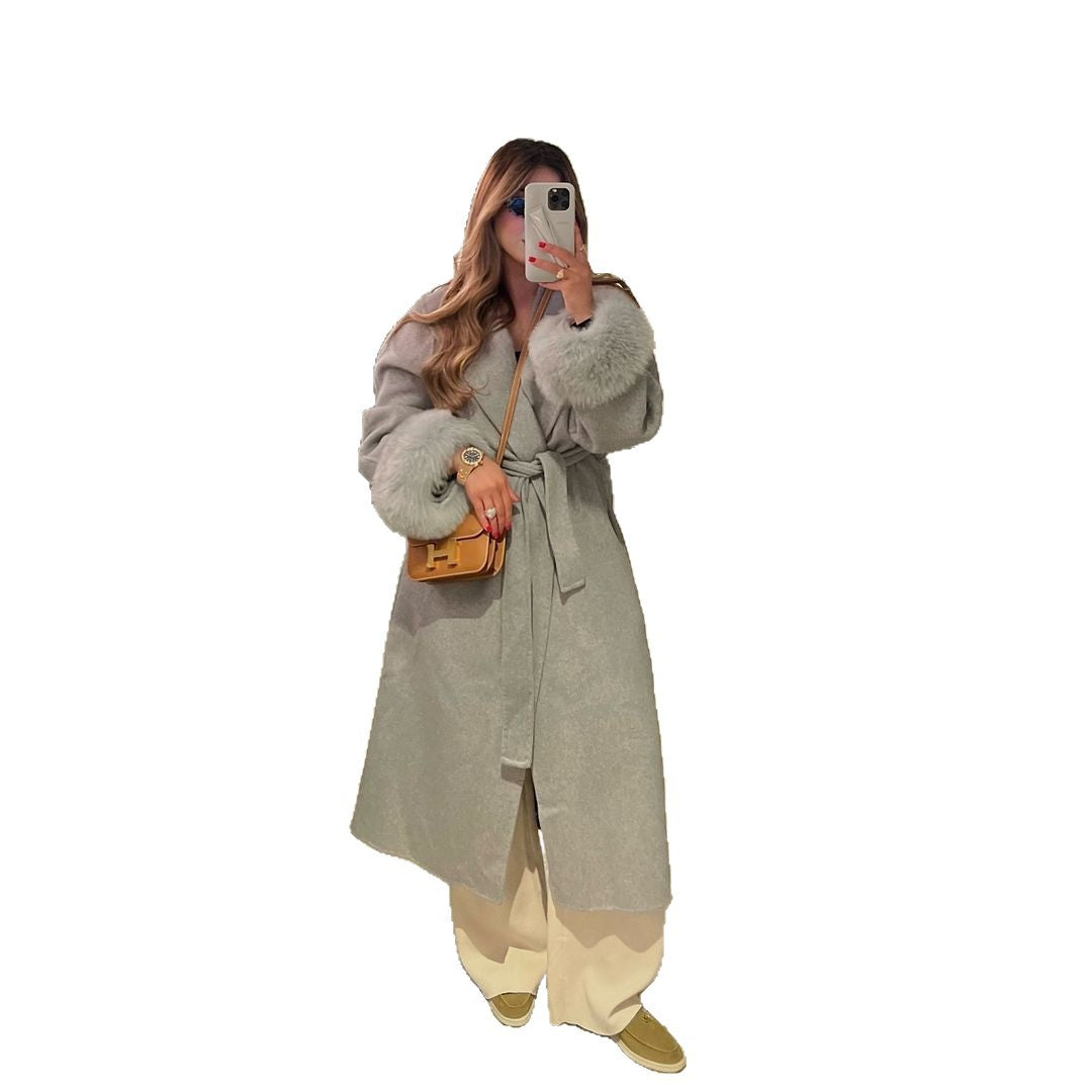 Women's Elegant Long Jacket with Detachable Fox Sleeves NOVAE