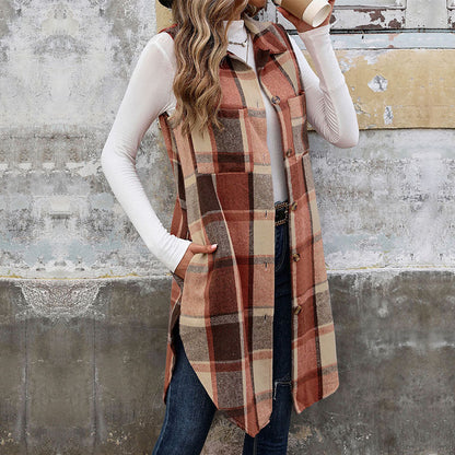Women's long-sleeved vest with check pattern and practical pockets NOVAE