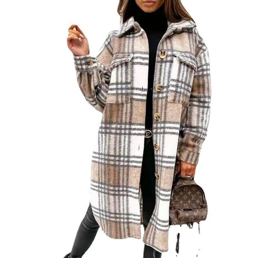 Women's Checkered Oversized Shirt Coat with Practical Pockets NOVAE