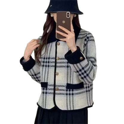 Women's Checkered Blazer Jacket with Removable Pockets and Button Details NOVAE