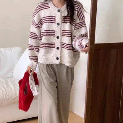 Women's fashionable cardigan with fine striped texture and decorative buttons NOVAE