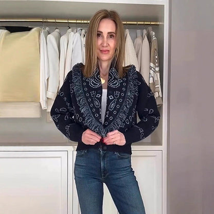 Women's knitted cardigan with fringed details and geometric pattern NOVAE