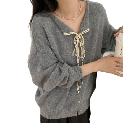 Women's casual knit cardigan with drawstring and fine texture NOVAE