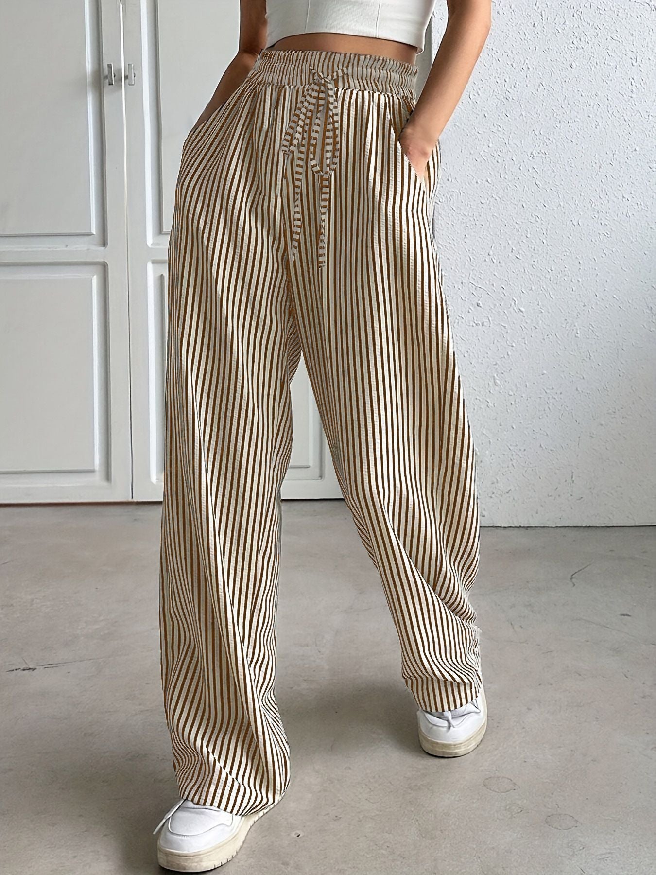 Women's wide-leg striped trousers with elasticated waistband and practical pockets NOVAE