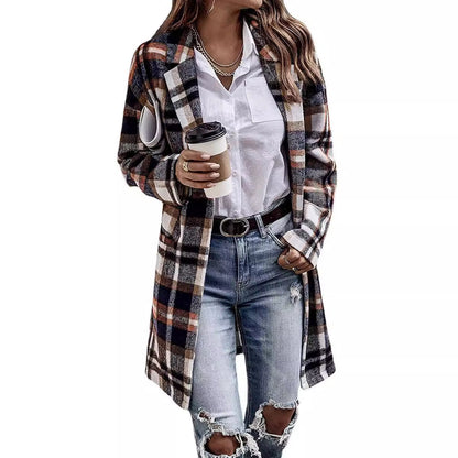 Women's Checked Oversized Coat with Stylish Pockets and Turn-Down Collar NOVAE