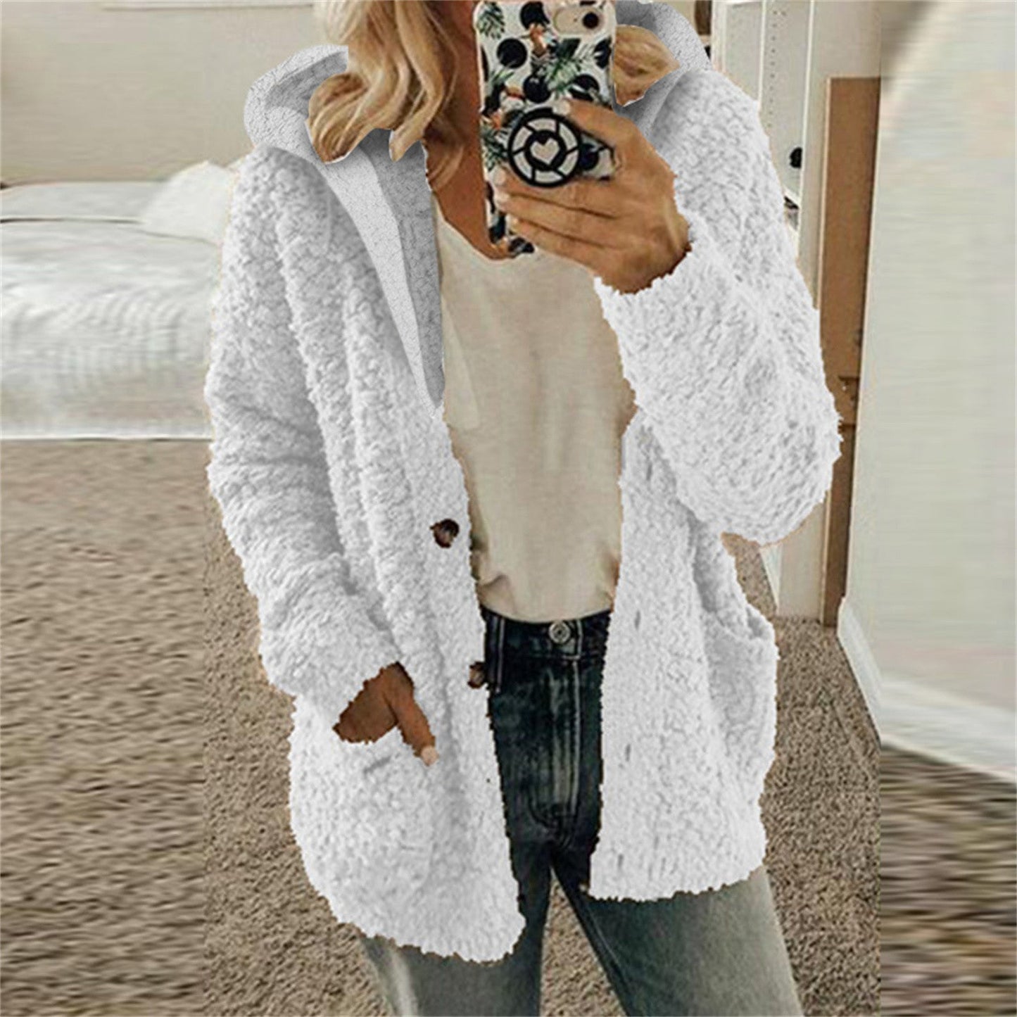 Women's cozy fleece jacket with hood and practical pockets NOVAE