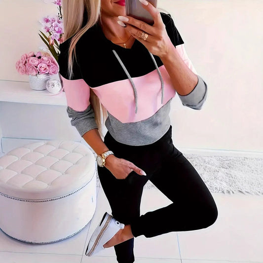 Women's fashionable casual pullover with hood and color block design NOVAE