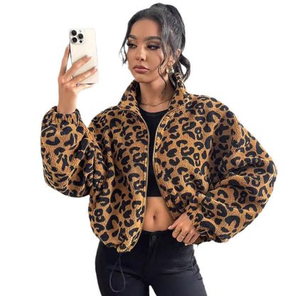 Women's Plush Short Jacket in Leopard Print with High Collar NOVAE